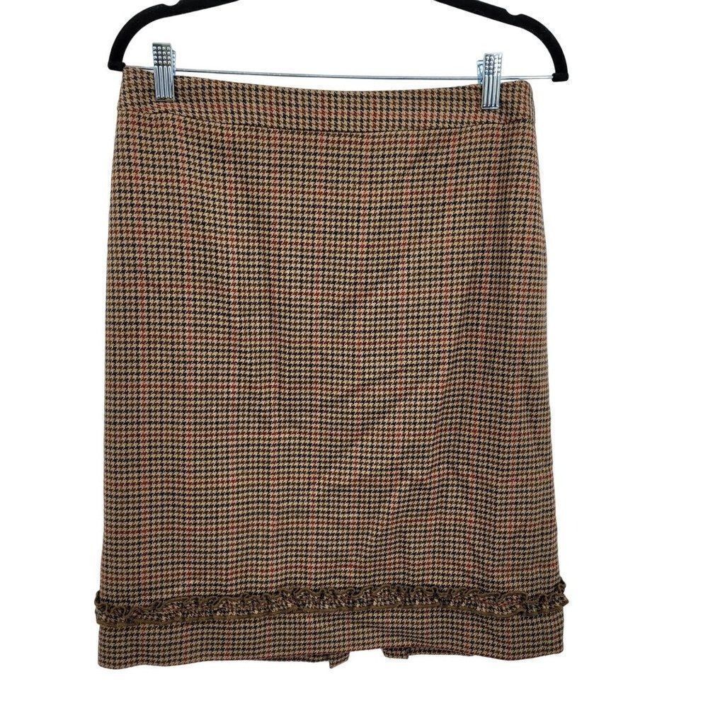 Vtg 80s Twee Wool Houndstooth Plaid Skirt Sz 10 Brown Ruffle
